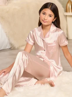 Nachtkleding En Pyjama's|Pyjama's*Lipsy Roze - satijnen hemd en pyjamaset met lange pijpen (5-16jaar)