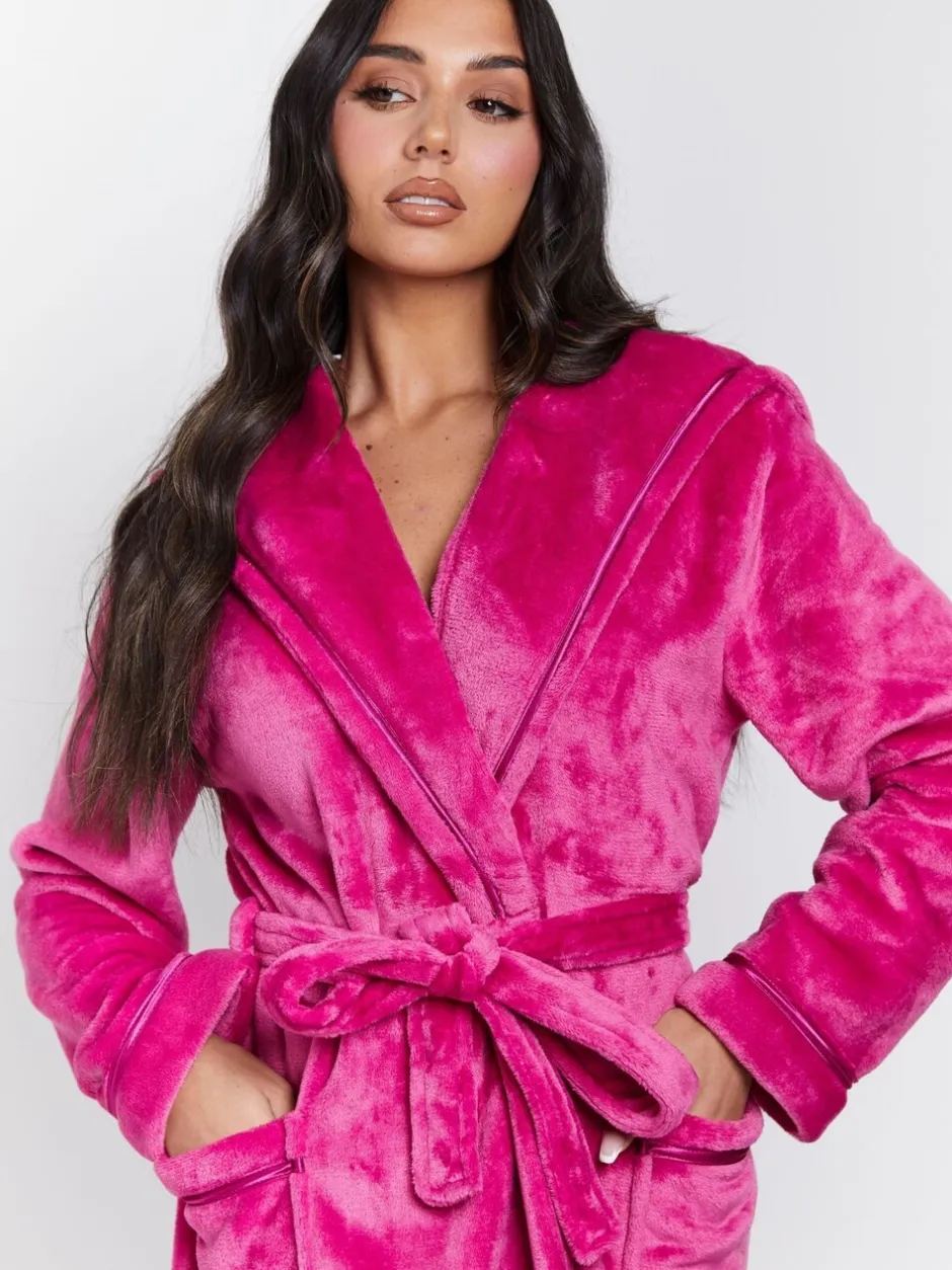 Badjassen*Loungeable Roze - Christmas Ribbon Trim Luxury Fleece Hooded Maxi Robe