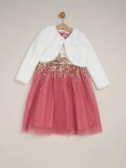 Gelegenheidskleding*Miss - Waterfall Sequin Dress and Faux Fur Bolero Set Roze