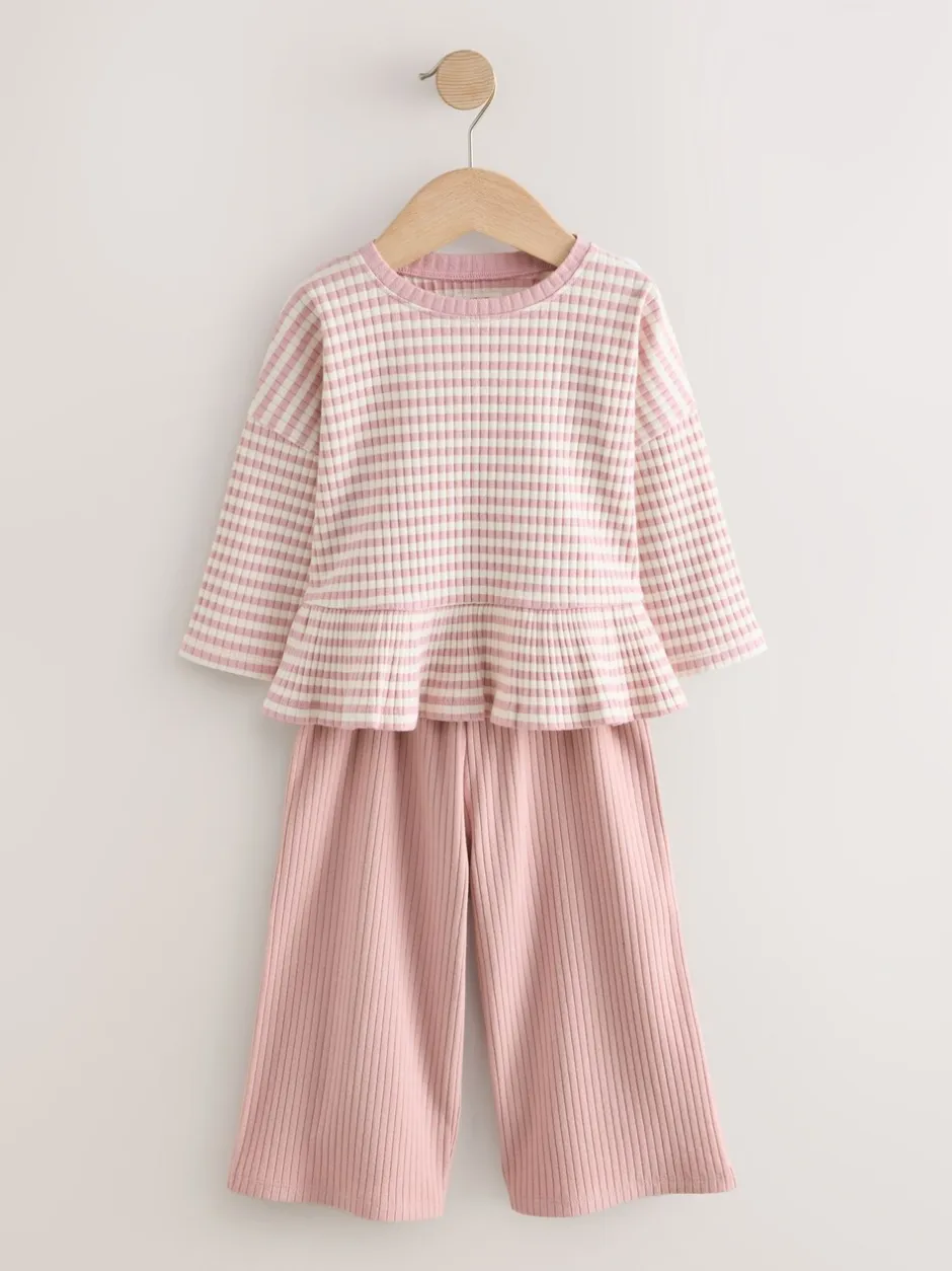 Tops|Tops|Next Roze - Set met geribbelde top met lange mouwen en broek met wijde pijpen (3mnd-7jr)