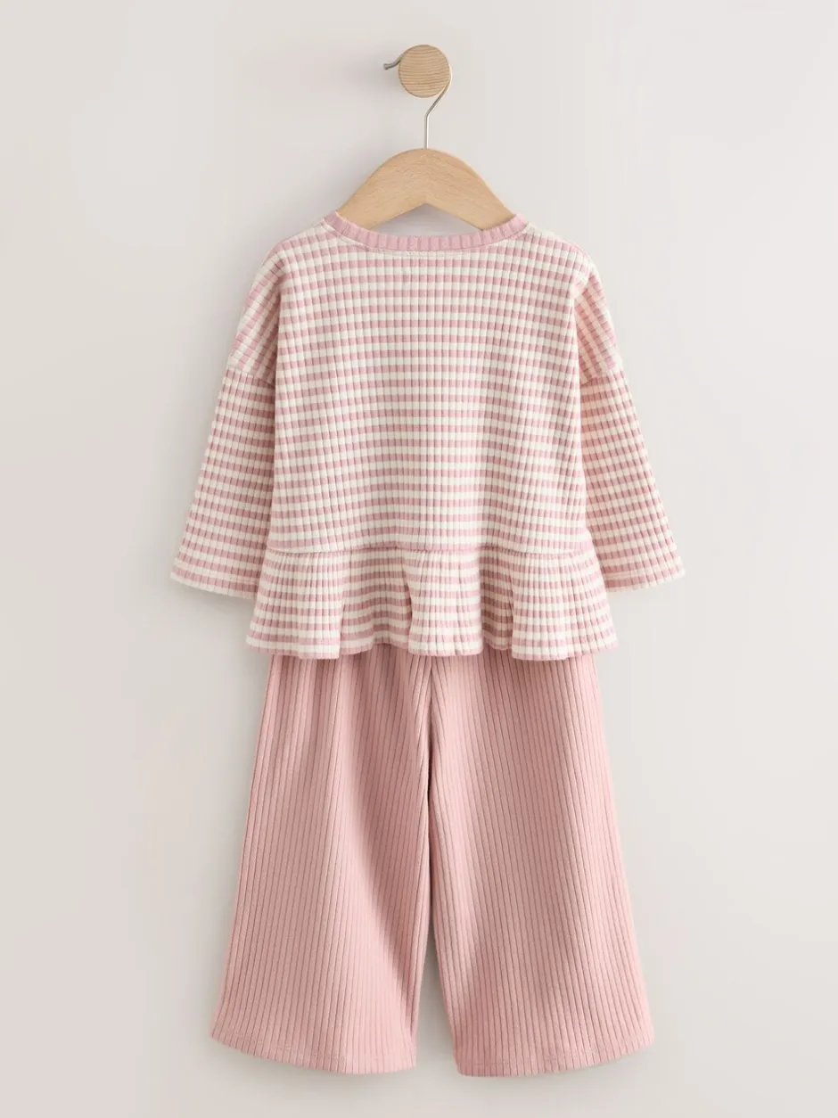 Tops|Tops|Next Roze - Set met geribbelde top met lange mouwen en broek met wijde pijpen (3mnd-7jr)