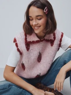 Gebreide Kleding|Next Roze aardbei - Sleeveless Knitted Tank Top With Wool