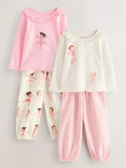 Nachtkleding En Pyjama's|Pyjama's|Next Roze Ballerina Print - Verpakking van 2 pyjama's met geweven broek (9 mnd - 10 jr)