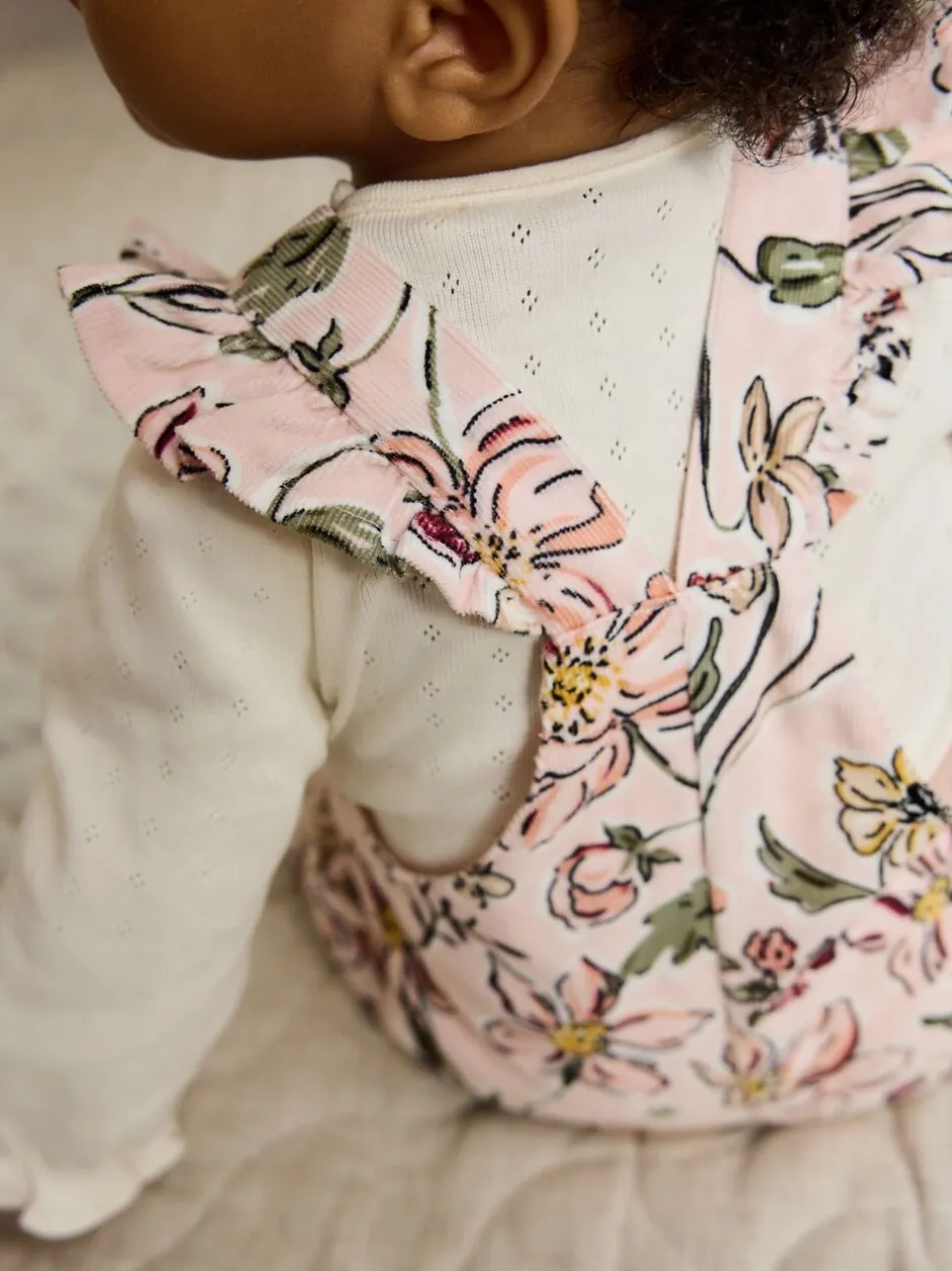 Tuinbroeken*Next - Baby Print Bodysuit met Lange mouwen en Corduroy bretelbroeken Set 2 Pieces (0mnd -2jr) Roze bloemen