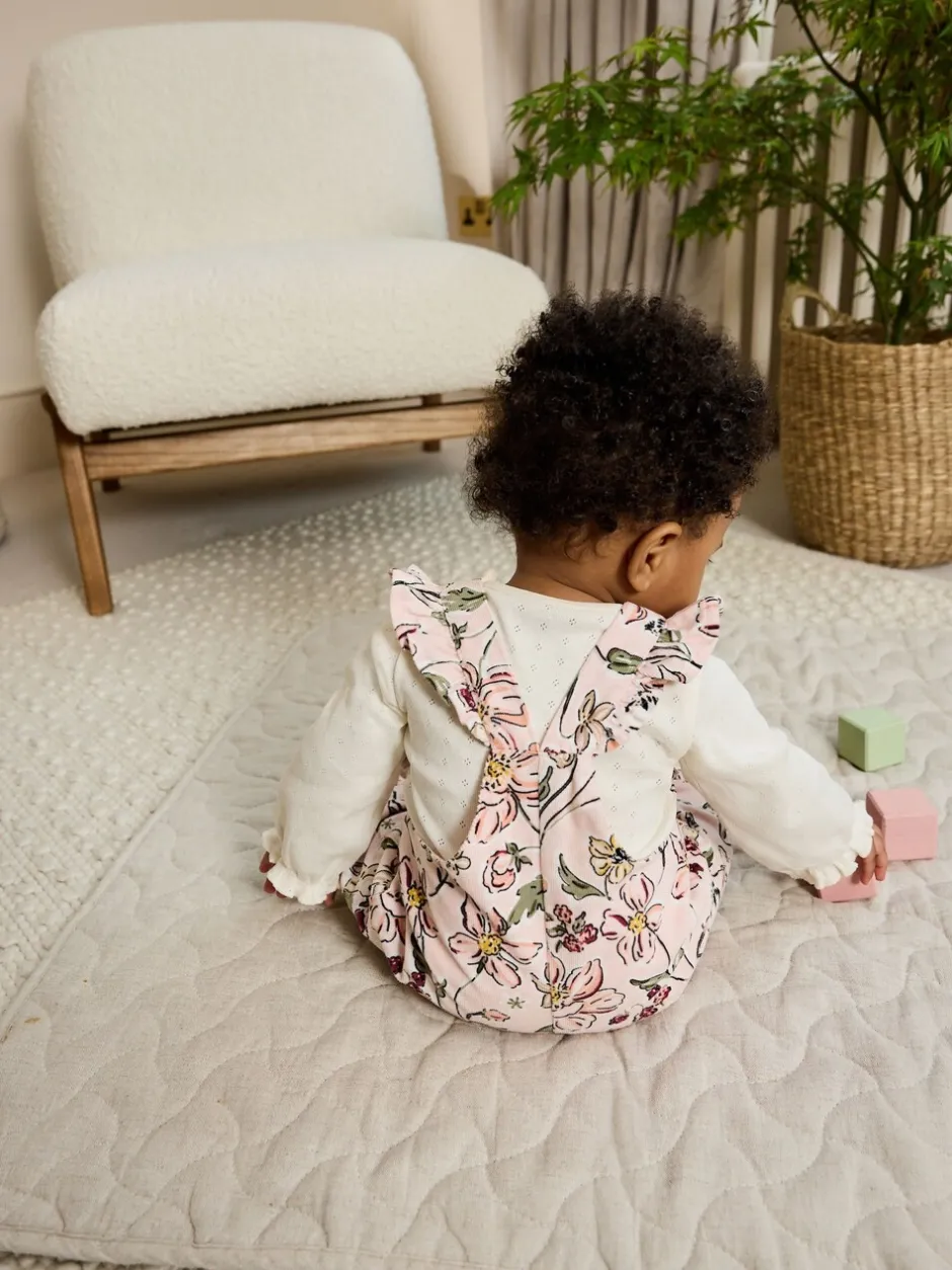 Tuinbroeken*Next - Baby Print Bodysuit met Lange mouwen en Corduroy bretelbroeken Set 2 Pieces (0mnd -2jr) Roze bloemen