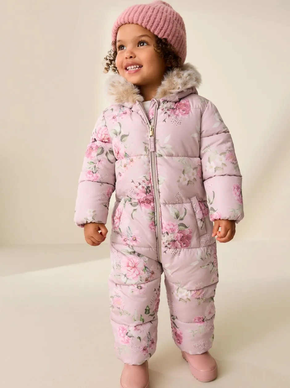 Jassen, Jacks En Kinderwagenpakjes|Jassen En Jacks|Next - Regenbestendig sneeuwpak met imitatiebont (3mnd-7jr) Roze bloemen