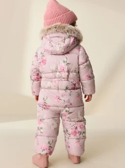 Jassen, Jacks En Kinderwagenpakjes|Jassen En Jacks|Next - Regenbestendig sneeuwpak met imitatiebont (3mnd-7jr) Roze bloemen