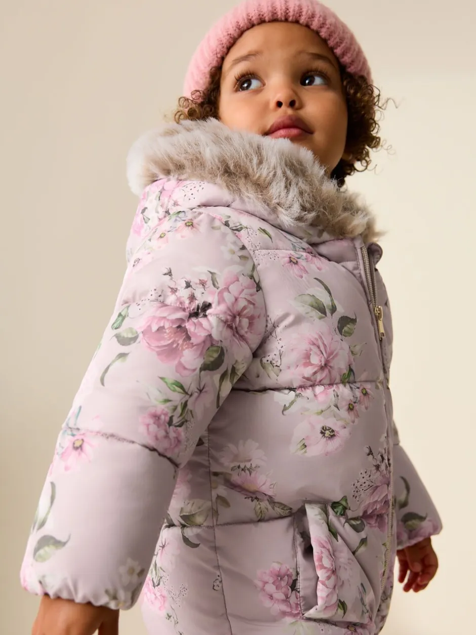 Jassen, Jacks En Kinderwagenpakjes|Jassen En Jacks|Next - Regenbestendig sneeuwpak met imitatiebont (3mnd-7jr) Roze bloemen