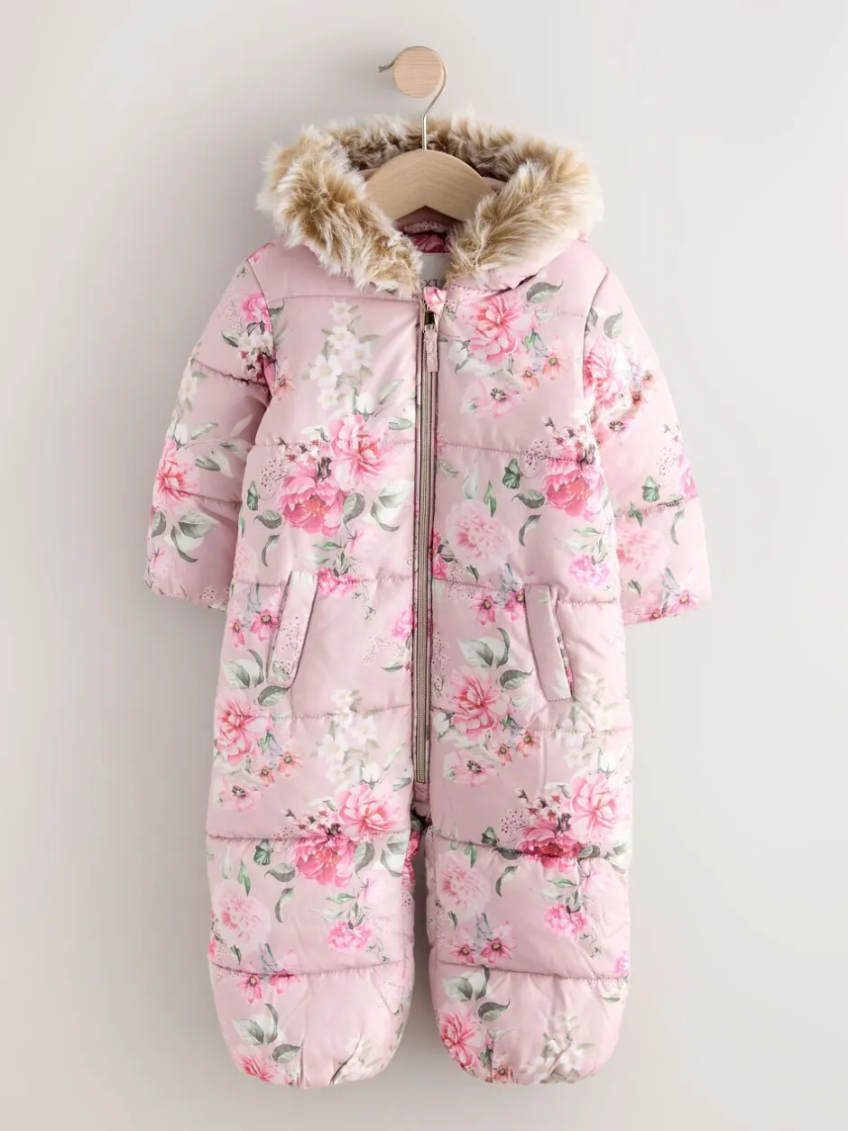Jassen, Jacks En Kinderwagenpakjes|Jassen En Jacks|Next - Regenbestendig sneeuwpak met imitatiebont (3mnd-7jr) Roze bloemen