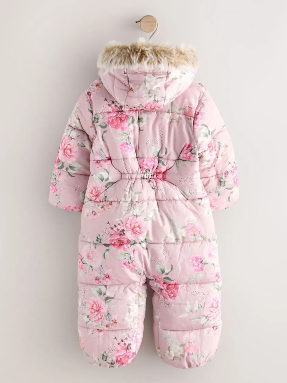 Jassen, Jacks En Kinderwagenpakjes|Jassen En Jacks|Next - Regenbestendig sneeuwpak met imitatiebont (3mnd-7jr) Roze bloemen