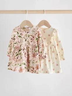 Jurken|Jurken*Next Roze bloemen/Crèmekleurige fijne bloemenprint - Verpakking van 2 jersey babyjurkjes (0 mnd-2 jr)