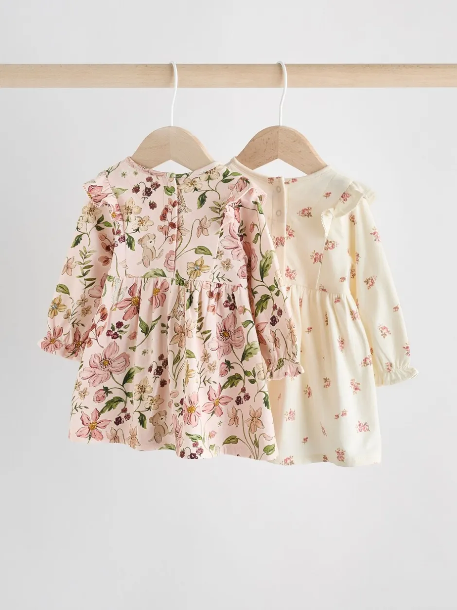 Jurken|Jurken*Next Roze bloemen/Crèmekleurige fijne bloemenprint - Verpakking van 2 jersey babyjurkjes (0 mnd-2 jr)
