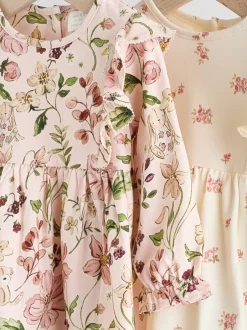 Jurken|Jurken*Next Roze bloemen/Crèmekleurige fijne bloemenprint - Verpakking van 2 jersey babyjurkjes (0 mnd-2 jr)
