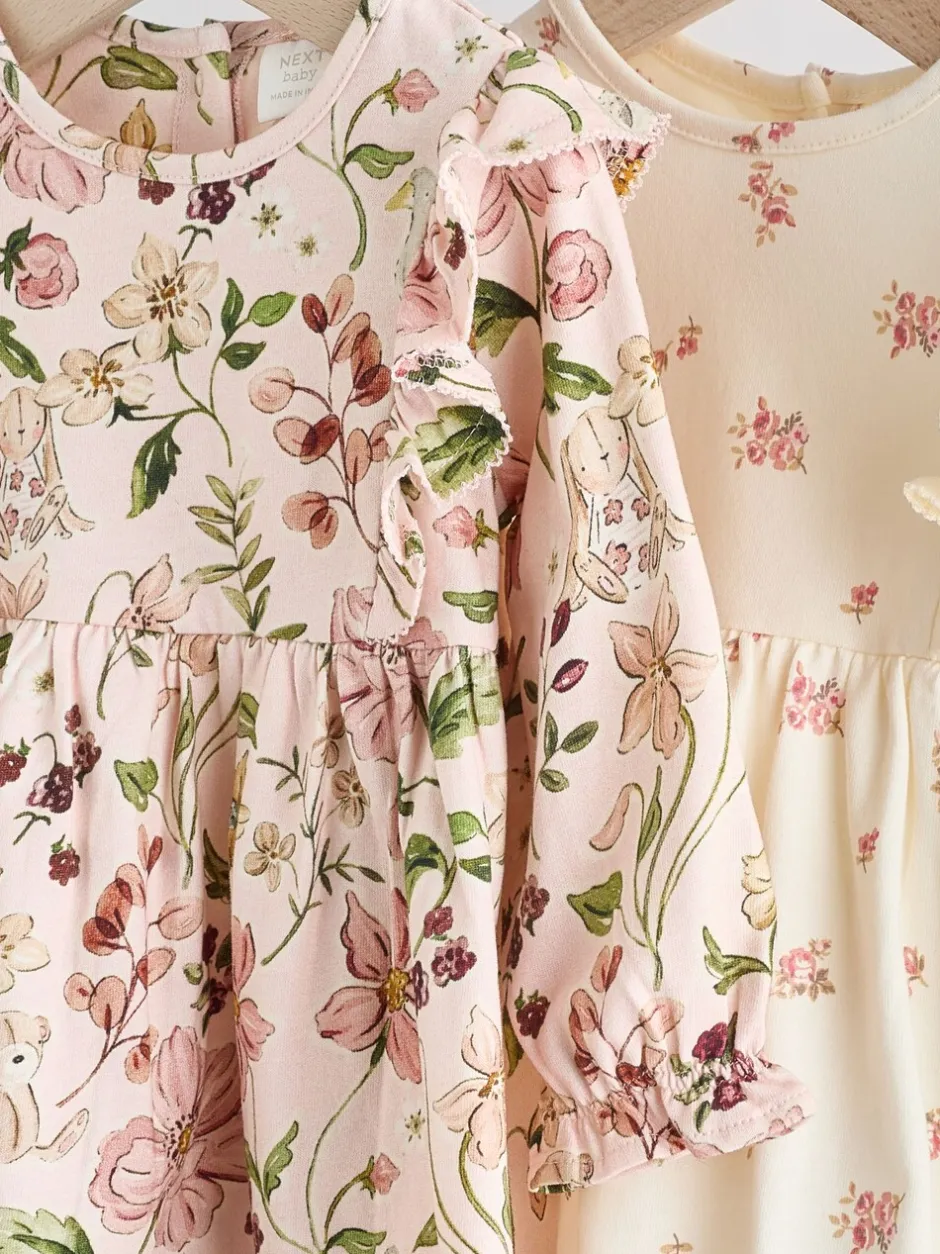 Jurken|Jurken*Next Roze bloemen/Crèmekleurige fijne bloemenprint - Verpakking van 2 jersey babyjurkjes (0 mnd-2 jr)