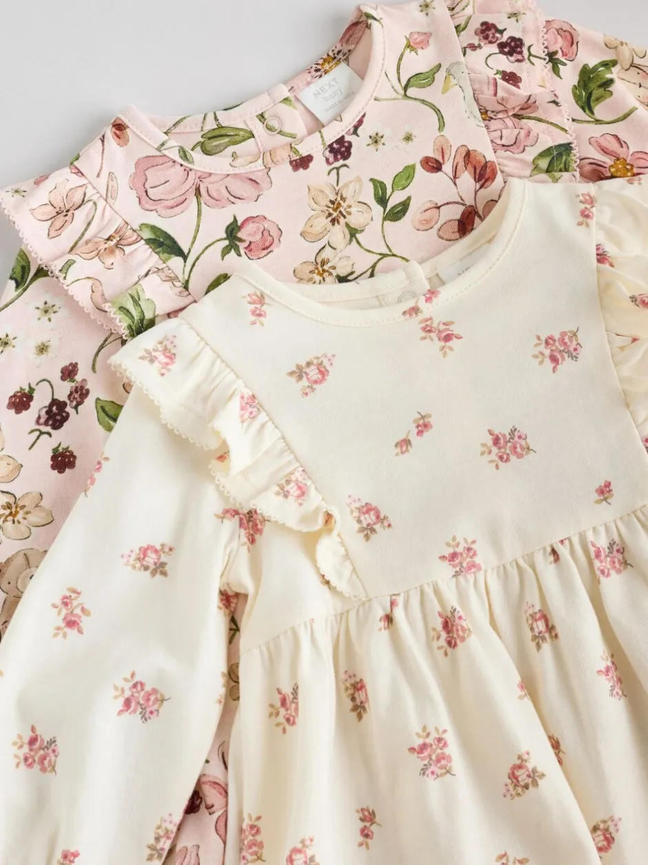 Jurken|Jurken*Next Roze bloemen/Crèmekleurige fijne bloemenprint - Verpakking van 2 jersey babyjurkjes (0 mnd-2 jr)