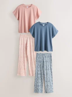 Pyjama's|Alle Nacht- En Loungekleding|Next - Short Sleeve Pyjamas 2 Pack Roze en blauw gebloemd