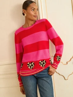 Gebreide Kleding|Love & Roses - Animal Hart Trui Roze en rood gestreept