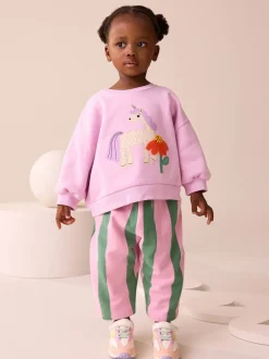 Sets En Combisets|Truien En Breisels*Next Roze gestreepte eenhoorn - Set van sweatshirt en joggingbroek met rechte wijde pijpen (3mnd -7jr)