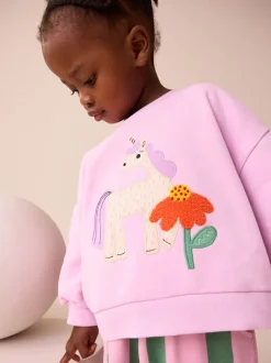 Sets En Combisets|Truien En Breisels*Next Roze gestreepte eenhoorn - Set van sweatshirt en joggingbroek met rechte wijde pijpen (3mnd -7jr)