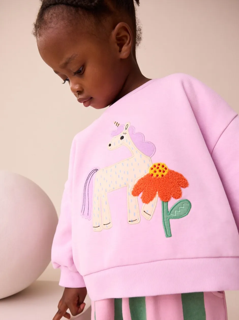 Sets En Combisets|Truien En Breisels*Next Roze gestreepte eenhoorn - Set van sweatshirt en joggingbroek met rechte wijde pijpen (3mnd -7jr)