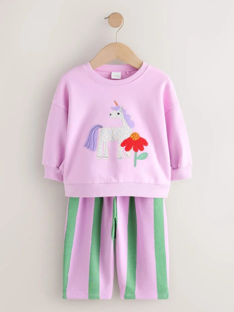 Sets En Combisets|Truien En Breisels*Next Roze gestreepte eenhoorn - Set van sweatshirt en joggingbroek met rechte wijde pijpen (3mnd -7jr)