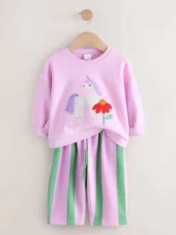 Sets En Combisets|Truien En Breisels*Next Roze gestreepte eenhoorn - Set van sweatshirt en joggingbroek met rechte wijde pijpen (3mnd -7jr)