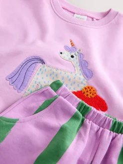 Sets En Combisets|Truien En Breisels*Next Roze gestreepte eenhoorn - Set van sweatshirt en joggingbroek met rechte wijde pijpen (3mnd -7jr)