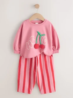 Sets En Combisets|Truien En Breisels*Next - Set met top met lange mouwen en broek met wijde pijpen (3mnd-7jr) Roze gewatteerde kers