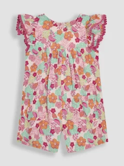 Jumpsuits En Playsuits*Jojo Maman Bébé - Speelpakje van 100% katoen met ruchemouwen Roze jungle bloemenprint