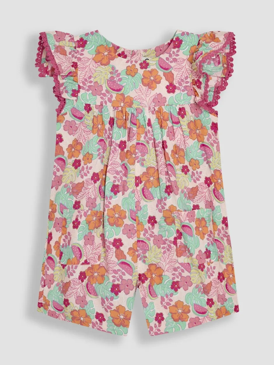 Jumpsuits En Playsuits*Jojo Maman Bébé - Speelpakje van 100% katoen met ruchemouwen Roze jungle bloemenprint