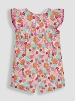 Jumpsuits En Playsuits*Jojo Maman Bébé - Speelpakje van 100% katoen met ruchemouwen Roze jungle bloemenprint