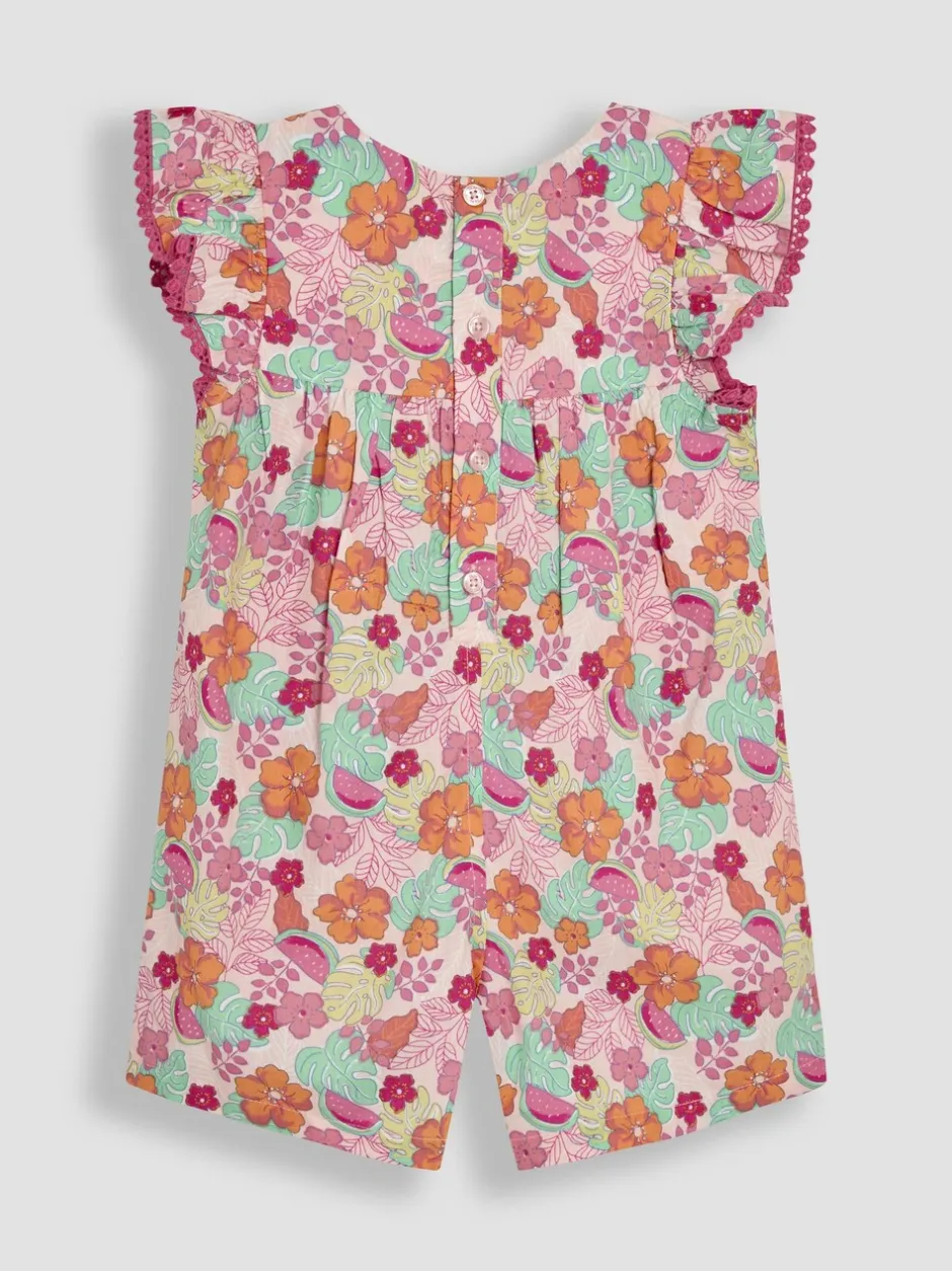 Jumpsuits En Playsuits*Jojo Maman Bébé - Speelpakje van 100% katoen met ruchemouwen Roze jungle bloemenprint