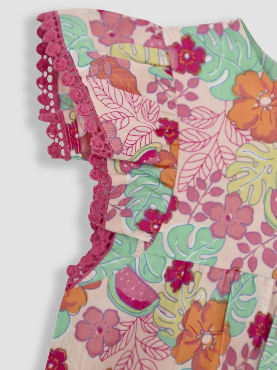 Jumpsuits En Playsuits*Jojo Maman Bébé - Speelpakje van 100% katoen met ruchemouwen Roze jungle bloemenprint