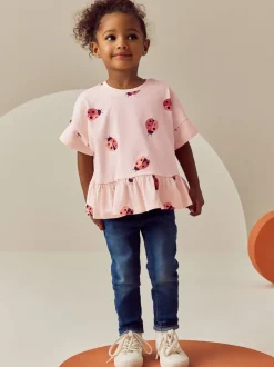 Tops|T-Shirts|Next Roze lieveheersbeestje - T-shirt met peplum en korte mouwen (3mnd -7jr)