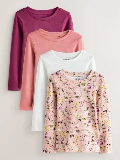 Tops|T-Shirts*Next Roze met bloemenprint - Set van 4 geribbelde T-shirts met lange mouwen (3-16jr)