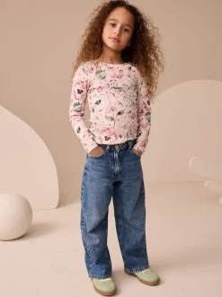 Tops|T-Shirts*Next Roze met bloemenprint - Set van 4 geribbelde T-shirts met lange mouwen (3-16jr)