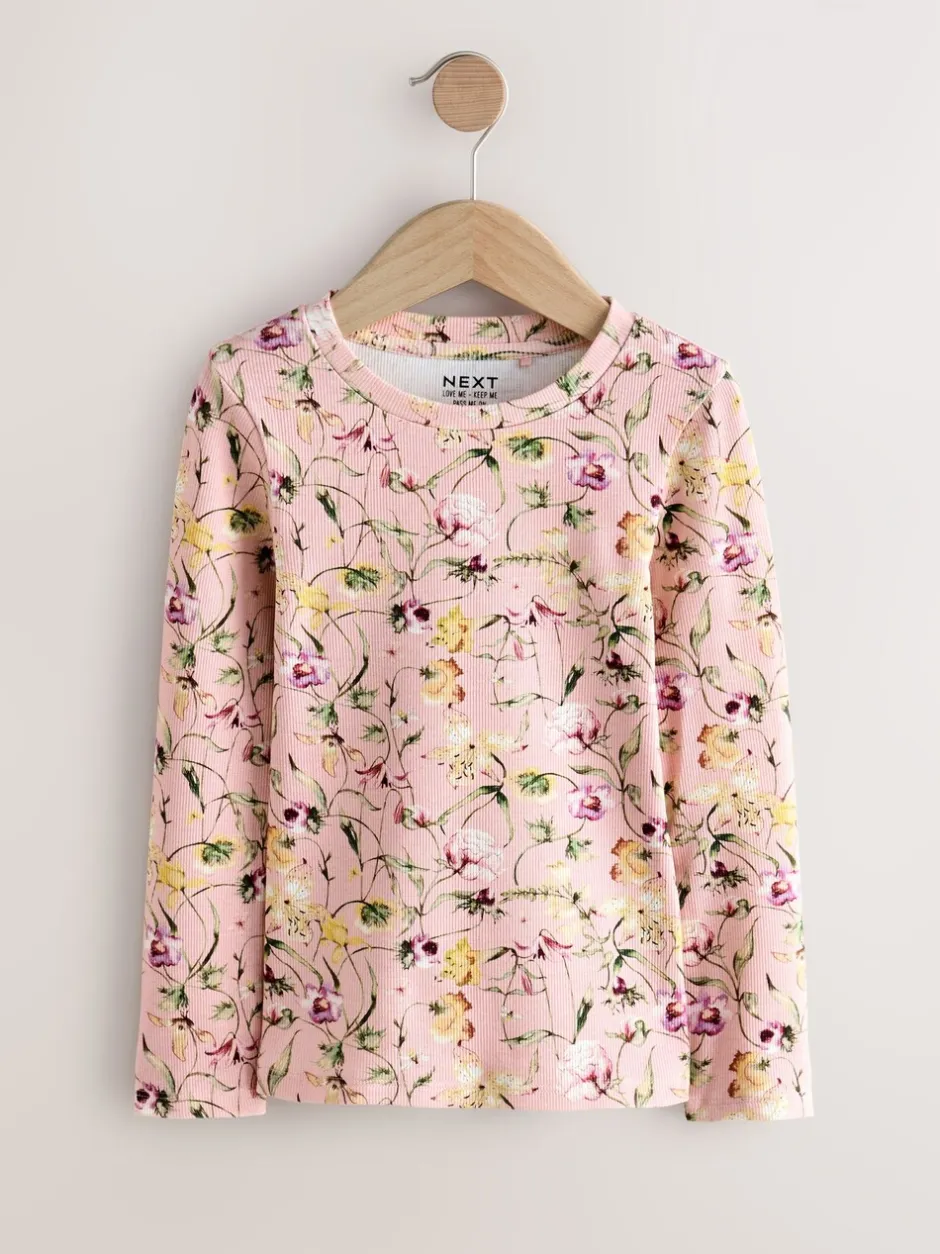 Tops|T-Shirts*Next Roze met bloemenprint - Set van 4 geribbelde T-shirts met lange mouwen (3-16jr)