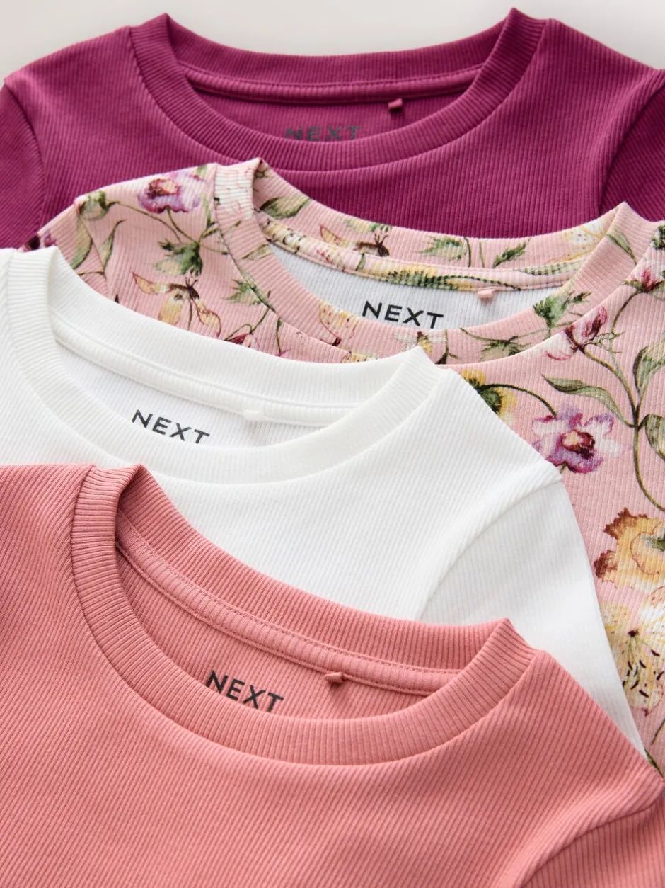 Tops|T-Shirts*Next Roze met bloemenprint - Set van 4 geribbelde T-shirts met lange mouwen (3-16jr)