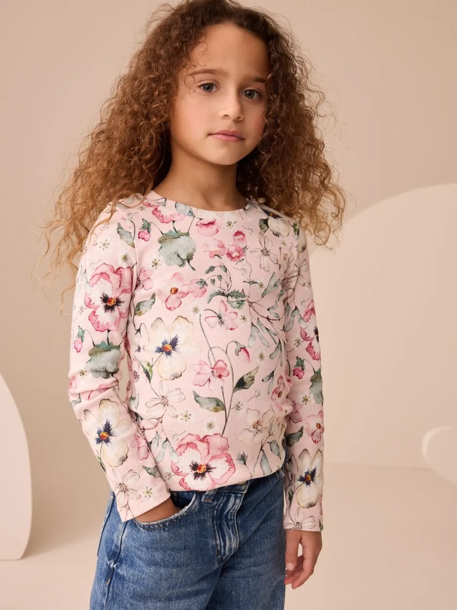 Tops|T-Shirts*Next Roze met bloemenprint - Set van 4 geribbelde T-shirts met lange mouwen (3-16jr)