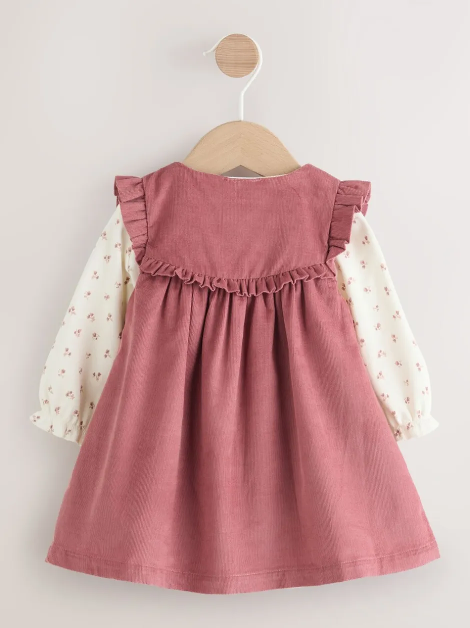 Jurken|Jurken*Next Roze met borduursel - Set van corduroy pinafore, bodysuit met lange mouwen en maillot voor baby's (0mnd-2jr)