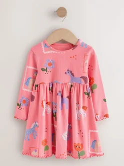 Jurken|Jurken|Next Roze met eenhoornprint - Geribbelde jurk met lange mouwen (3mnd-7jr)