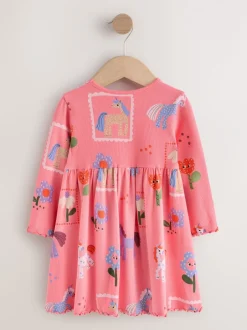 Jurken|Jurken|Next Roze met eenhoornprint - Geribbelde jurk met lange mouwen (3mnd-7jr)