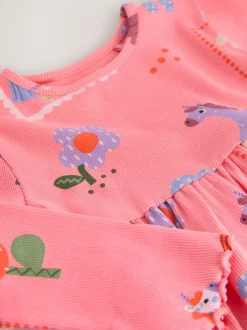 Jurken|Jurken|Next Roze met eenhoornprint - Geribbelde jurk met lange mouwen (3mnd-7jr)