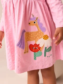Jurken|Jurken|Next Roze met eenhoornprint - Jurk met lange mouwen en versiering (3mnd -7jr)