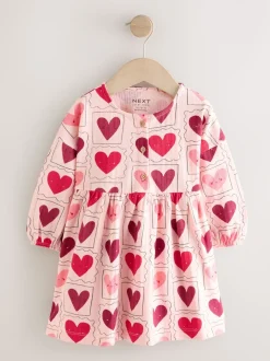 Jurken|Gelegenheidskleding|Next - Jersey jurk met lange mouwen (3 mnd-7 jr) Roze met hartjes