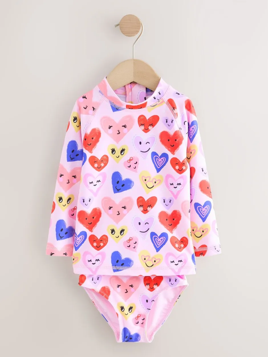 Badkleding|Badkleding*Next - Long Sleeve Sunsafe Swim Set (3mths-7yrs) Roze met hartjesprint