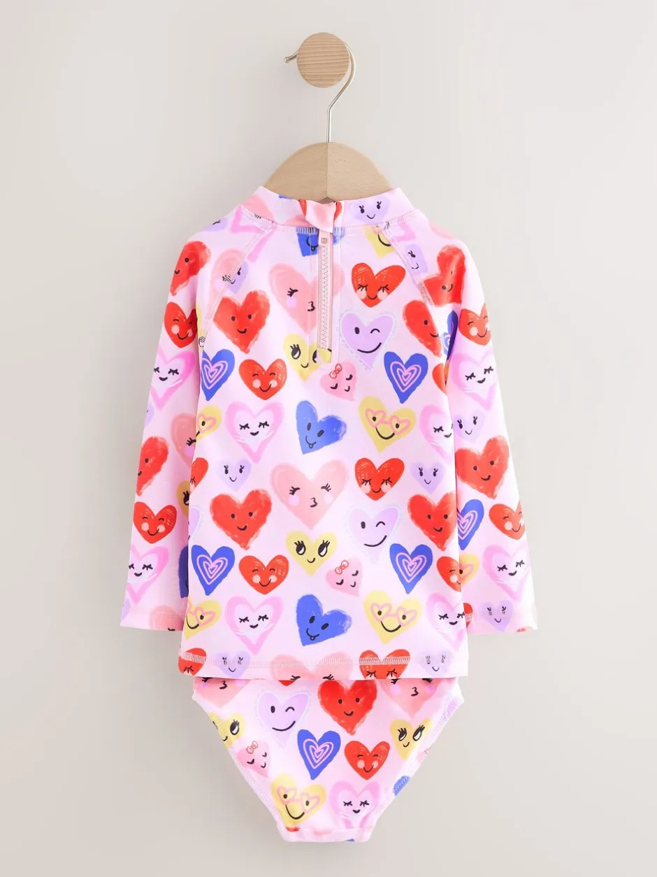 Badkleding|Badkleding*Next - Long Sleeve Sunsafe Swim Set (3mths-7yrs) Roze met hartjesprint