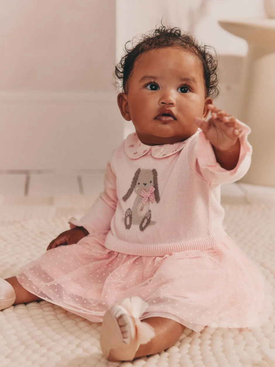 Gelegenheidskleding|Jurken*Next Roze met konijnen - Gebreide tweedelige babyjurk (0mnd-2jr)