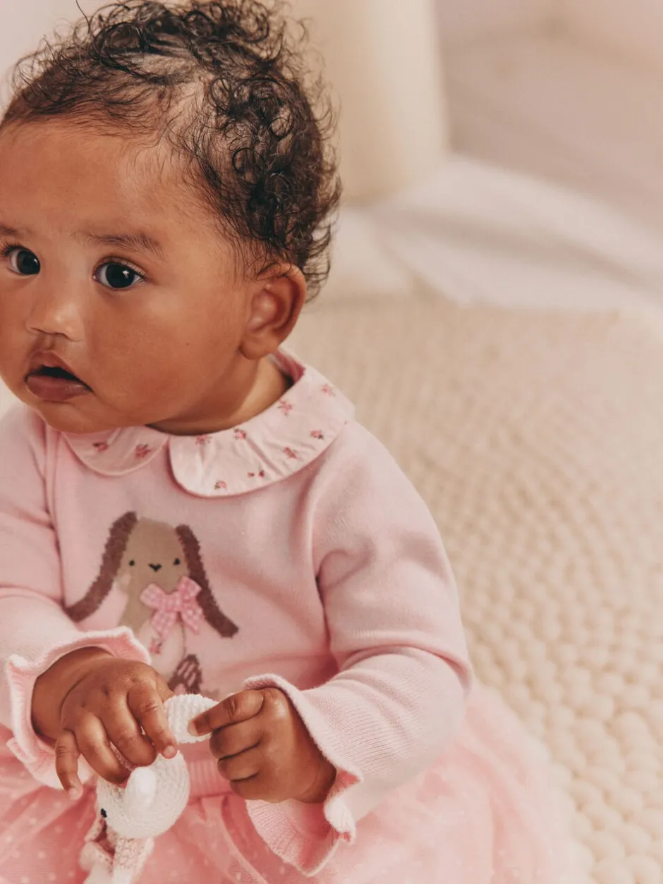 Gelegenheidskleding|Jurken*Next Roze met konijnen - Gebreide tweedelige babyjurk (0mnd-2jr)