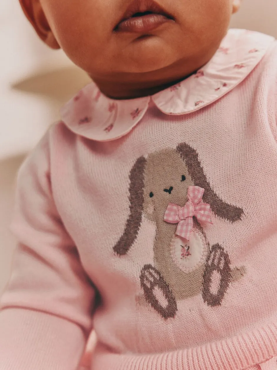 Gelegenheidskleding|Jurken*Next Roze met konijnen - Gebreide tweedelige babyjurk (0mnd-2jr)